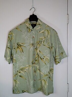 Jamaica Jaxx Shirt Men Medium Green Bamboo Leaf  Hawaiian 100% Silk Button
